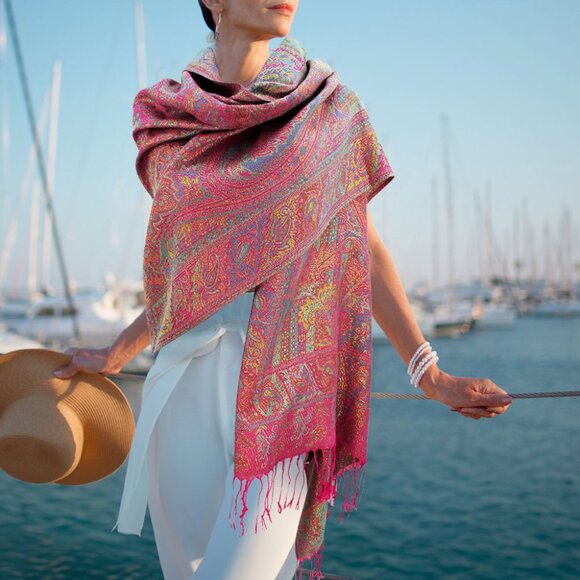 Kikiboheme Accessories - Metallic Weave Paisley Pink Pashmina Style Boho Bohemian Vibe Scarf Shawl